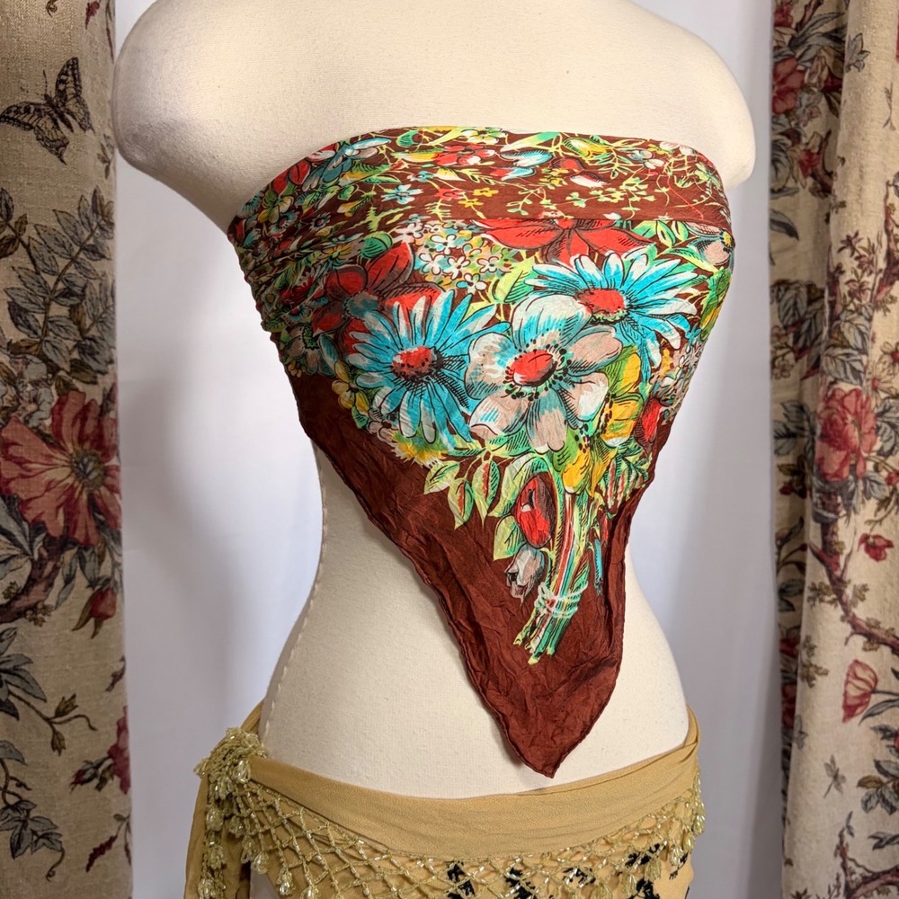 Vintage Floral Square Bandana Scarf Top Brown Blue and Orange Silk Feel Wrap